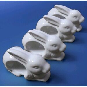 White Ceramic Figural Bunny Rabbit Napkin Rings Set Of 4 Easter Table See Decor